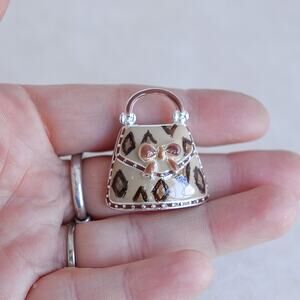 Vintage Purse Brooch Beige Enamel Finish Pin Clasp Gift Silver Tone Metal Cute